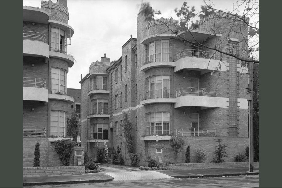 Apartment living was popular as urban Melbourne came of age. Pictured is a South Yarra apartment block by architect Arthur Plaisted, photographed by Lyle Fowler in 1940 
Source: State Library of Victoria