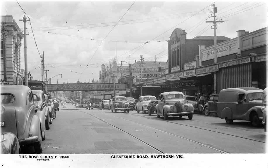 Glenferrie Road in Hawthorn buzzing with cars and shoppers, c1929-1955
Source: Rose Stereograph Co., State Library of Victoria